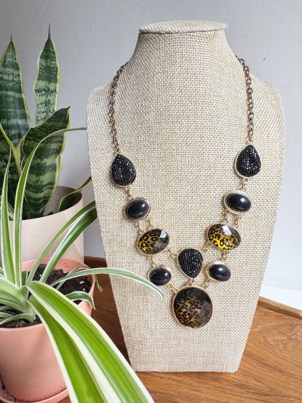 Gold Black Leopard Crystal Teardrop Statement Necklace